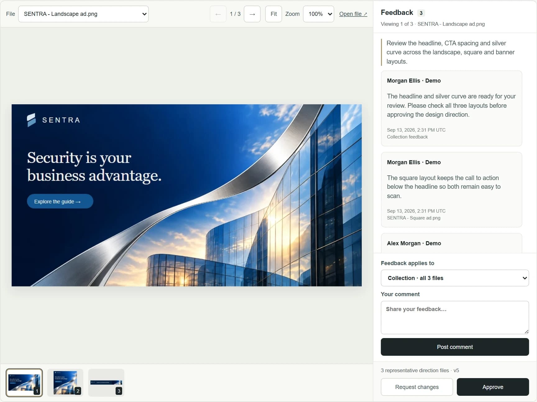 Detail of the SENTRA creative in the demonstration review workspace.