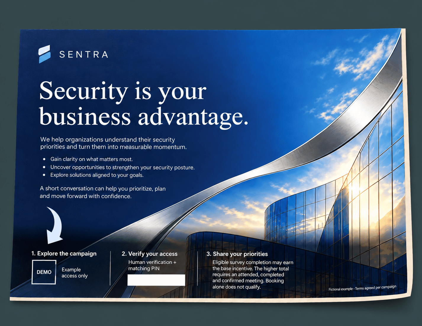 A physical SENTRA printed sheet with cream paper edges, navy architectural artwork and three response instructions. Fictional format with no active access code.