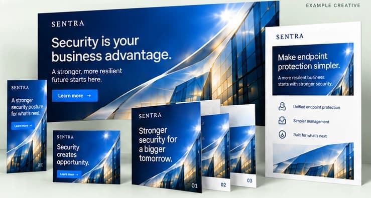 Illustrative Creative Kit deliverables in the SENTRA campaign style