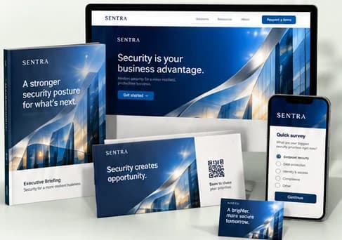 SENTRA campaign shown across a landing page, guide, mailer and survey