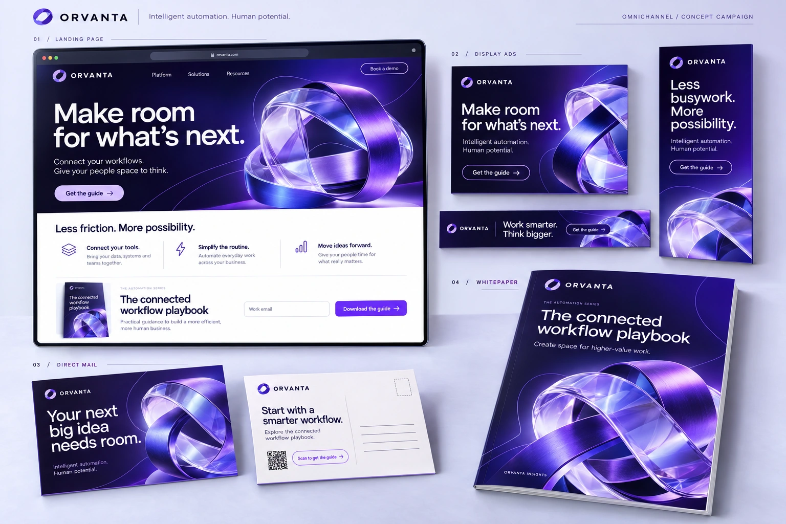 Orvanta intelligent automation concept showing a landing page, landscape, banner and vertical ads, postcard front and back, and a workflow whitepaper with luminous purple ribbon artwork.