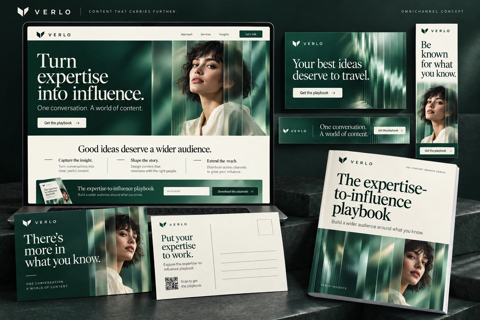 Verlo content and thought leadership campaign featuring a laptop landing page, three display ads, a two-sided postcard, and an expertise-to-influence playbook, using deep green, cream, and portrait photography.